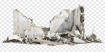 Ruins of Destruction Isolated Concrete Debris and Wreckage from a Demolished Building on Transparent Backgroundの写真素材