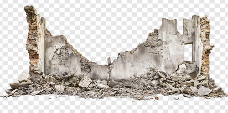 Ruins of Destruction Isolated Concrete Debris and Wreckage from a Demolished Building on Transparent Backgroundの写真素材