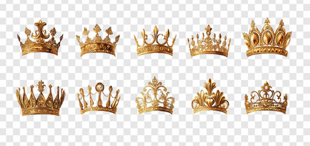 Set of gold crown isolated golden crown on a transparent backgroundの写真素材
