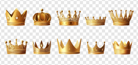 Set of gold crown isolated golden crown on a transparent backgroundの写真素材