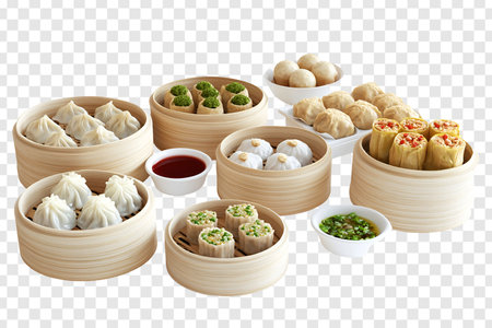 Assorted Chinese Dim Sum in Steamed Bamboo Baskets - Transparent Backgroundの写真素材