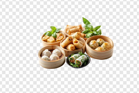 Assorted Chinese Dim Sum in Steamed Bamboo Baskets - Transparent Backgroundの写真素材