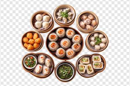 Assorted Chinese Dim Sum in Steamed Bamboo Baskets - Transparent Backgroundの写真素材