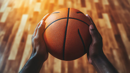 Close-Up of Basketball Player's Hands Gripping the Ball on Court Parquetの写真素材
