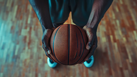 Close-Up of Basketball Player's Hands Gripping the Ball on Court Parquetの写真素材