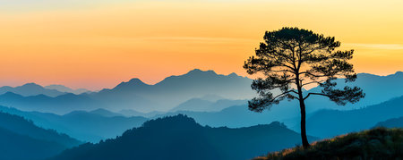 Tree Silhouette Against a Mountain Sunset, Vibrant Sunrise Over a Lush Green Valleyの写真素材