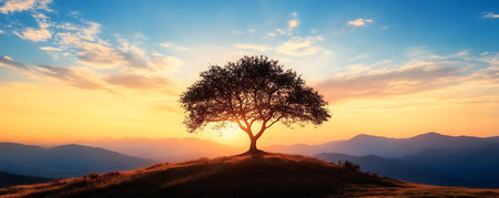 Tree Silhouette Against a Mountain Sunset, Vibrant Sunrise Over a Lush Green Valleyの写真素材