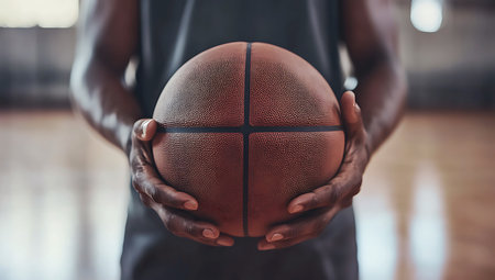 Close-Up of Basketball Player's Hands Gripping the Ball on Court Parquetの写真素材