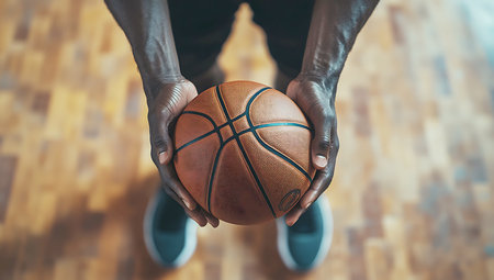 Close-Up of Basketball Player's Hands Gripping the Ball on Court Parquetの写真素材