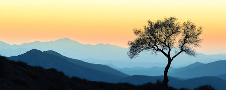 Tree Silhouette Against a Mountain Sunset, Vibrant Sunrise Over a Lush Green Valleyの写真素材