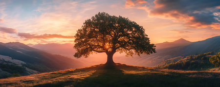 Tree Silhouette Against a Mountain Sunset, Vibrant Sunrise Over a Lush Green Valleyの写真素材