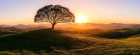 Tree Silhouette Against a Mountain Sunset, Vibrant Sunrise Over a Lush Green Valleyの写真素材