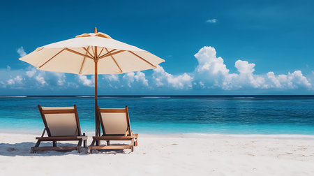 Tranquil Sandy Beach with Wooden Lounge Chairs and Parasol Umbrellas Overlooking the Serene Blue Sea, Serene Beach Setting with Two Chairs and a Sun Umbrellaの写真素材