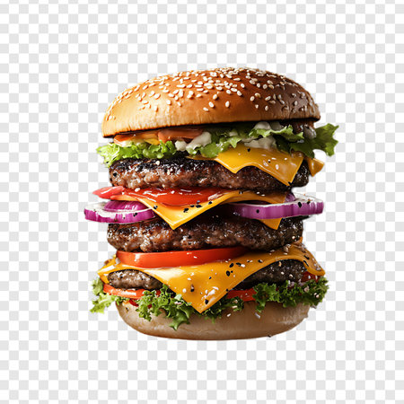 Cheeseburger with Vegetables and Sauce Isolated on Transparent Backgroundの写真素材