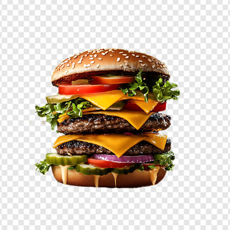 Cheeseburger with Vegetables and Sauce Isolated on Transparent Backgroundの写真素材