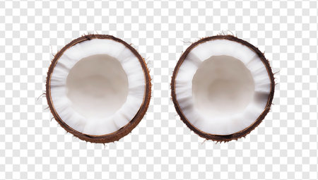 Two coconuts, one of which is split, on a transparent backgroundの写真素材