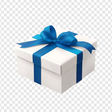 Elegant White Gift Box with Blue Ribbon for Celebrations and Special Occasions, Transparent Backgroundの写真素材