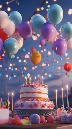 Festive Birthday Celebration with Fairy Lights, Colorful Balloons, Confetti, and Gift Boxes on a Black Backgroundの写真素材