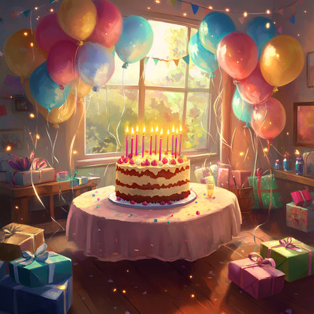 Festive Birthday Celebration with Fairy Lights, Colorful Balloons, Confetti, and Gift Boxes on a Black Backgroundの写真素材