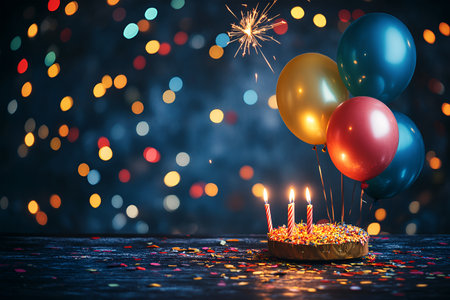 Festive Birthday Celebration with Fairy Lights, Colorful Balloons, Confetti, and Gift Boxes on a Black Backgroundの写真素材