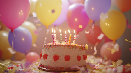 Festive Birthday Celebration with Fairy Lights, Colorful Balloons, Confetti, and Gift Boxes on a...
