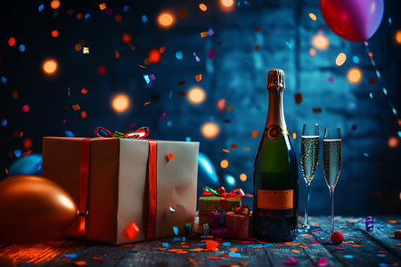 Festive Birthday Celebration with Fairy Lights, Colorful Balloons, Confetti, and Gift Boxes on a Black Backgroundの写真素材