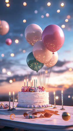 Festive Birthday Celebration with Fairy Lights, Colorful Balloons, Confetti, and Gift Boxes on a Black Backgroundの写真素材