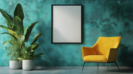 Elegant Living Room with Retro Vibes: Velvet Couch, Wooden Furnishings, Carpet, Plants, and Poster Mockup Decorの写真素材