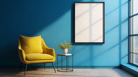 Elegant Living Room with Retro Vibes: Velvet Couch, Wooden Furnishings, Carpet, Plants, and Poster Mockup Decorの写真素材