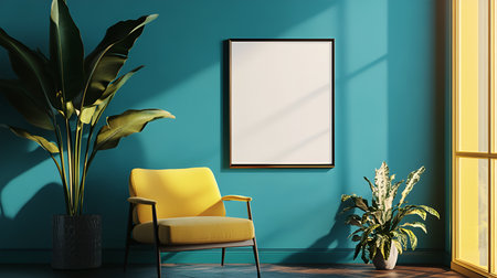 Elegant Living Room with Retro Vibes: Velvet Couch, Wooden Furnishings, Carpet, Plants, and Poster Mockup Decorの写真素材