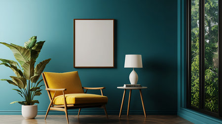 Elegant Living Room with Retro Vibes: Velvet Couch, Wooden Furnishings, Carpet, Plants, and Poster Mockup Decorの写真素材