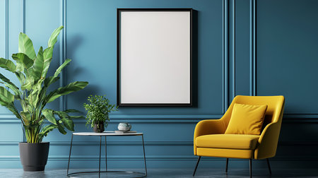 Elegant Living Room with Retro Vibes: Velvet Couch, Wooden Furnishings, Carpet, Plants, and Poster Mockup Decorの写真素材