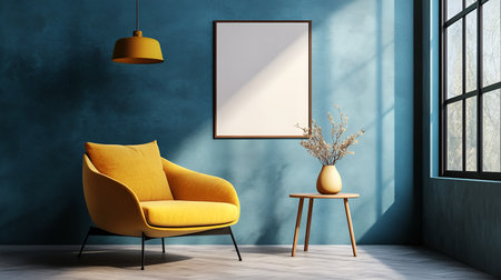 Elegant Living Room with Retro Vibes: Velvet Couch, Wooden Furnishings, Carpet, Plants, and Poster Mockup Decorの写真素材