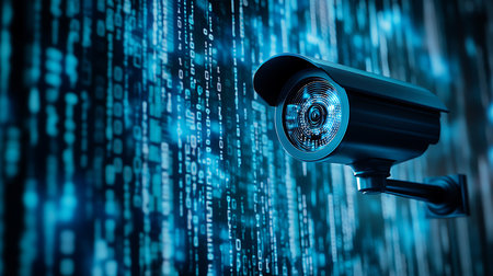 Surveillance Camera Overlooking Glowing Binary Code A Symbol of Security Technology and Digital Information Streamsの写真素材