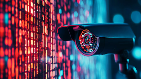 Surveillance Camera Overlooking Glowing Binary Code A Symbol of Security Technology and Digital Information Streamsの写真素材