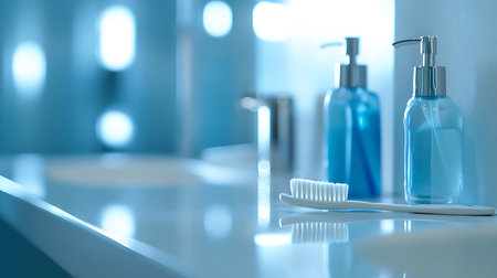 Close-Up of Toothbrush with Toothpaste and Mouthwash Bottles on a Pristine Bathroom Counterの写真素材