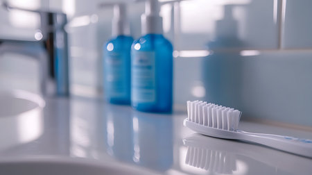 Close-Up of Toothbrush with Toothpaste and Mouthwash Bottles on a Pristine Bathroom Counterの写真素材