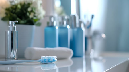 Close-Up of Toothbrush with Toothpaste and Mouthwash Bottles on a Pristine Bathroom Counterの写真素材