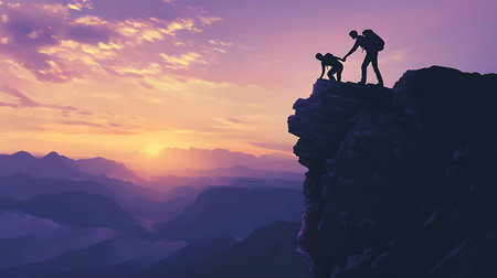 Two Friends Climbing a Mountain at Sunset Conquering Together with One Helping the Other