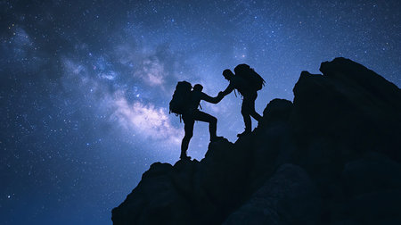 Two Friends Climbing a Mountain at Sunset Conquering Together with One Helping the Other