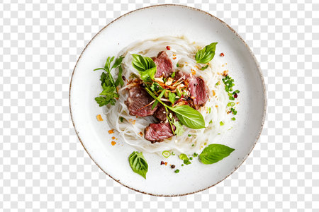 Pho Noodles with Tender Beef, Fresh Bean Sprouts, Basil, and Lime in a Flavorful Vietnamese Beef...