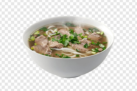 Pho Noodles with Tender Beef, Fresh Bean Sprouts, Basil, and Lime in a Flavorful Vietnamese Beef...