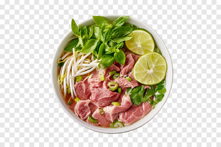 Pho Noodles with Tender Beef, Fresh Bean Sprouts, Basil, and Lime in a Flavorful Vietnamese Beef...