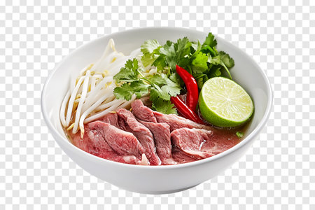 Pho Noodles with Tender Beef, Fresh Bean Sprouts, Basil, and Lime in a Flavorful Vietnamese Beef Brothの写真素材