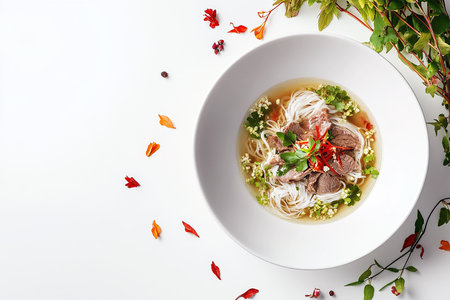 Classic Vietnamese Pho Fragrant Beef Broth with Rice Noodles, Sliced Beef, Bean Sprouts, Basil, and Limeの写真素材