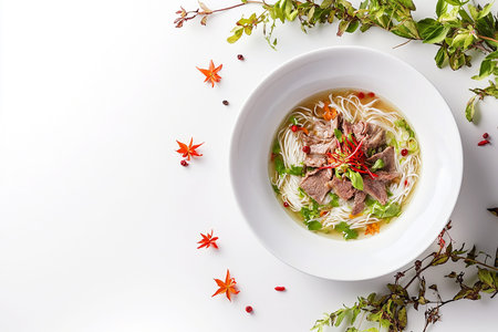 Classic Vietnamese Pho Fragrant Beef Broth with Rice Noodles, Sliced Beef, Bean Sprouts, Basil, and...