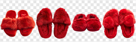 Set of winter soft red slippers, transparent background