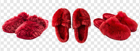 Set of winter soft red slippers, transparent backgroundの写真素材