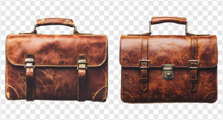 Collection of brown leather briefcase isolated on white and transparent background, Cutout, Set, PNGの写真素材