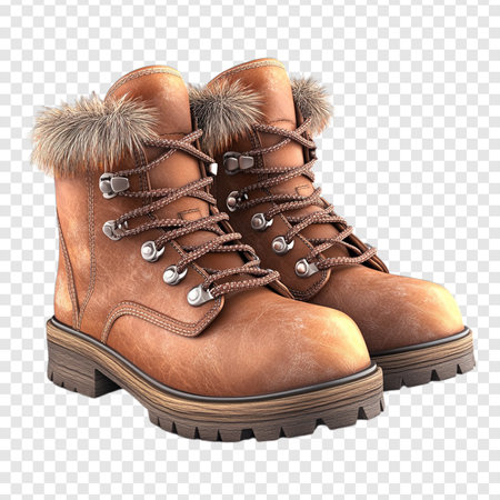 Brown color pair leather boots isolated on transparent background, winter boot, pngの写真素材